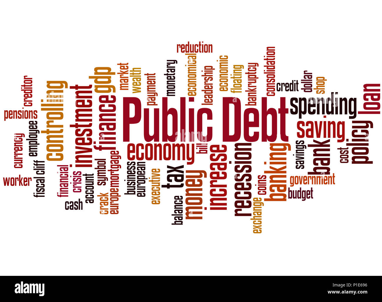 Die öffentliche Verschuldung, Word cloud Konzept auf weißem Hintergrund. Stockfoto