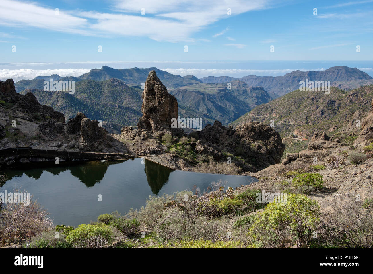 Kleiner Stausee im Naturpark Monumento Natural del Roque Nublo, Gran Canaria, Kanarische Inseln, Spanien Stockfoto