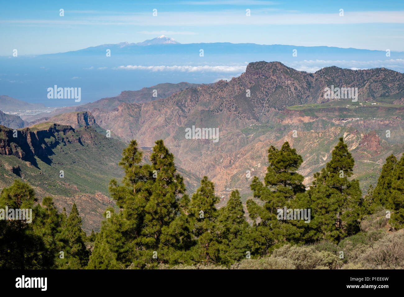 Blick auf die Berge von Gran Canaria auf den Vulkan Teide, Gran Canaria, Kanarische Inseln, Spanien Stockfoto