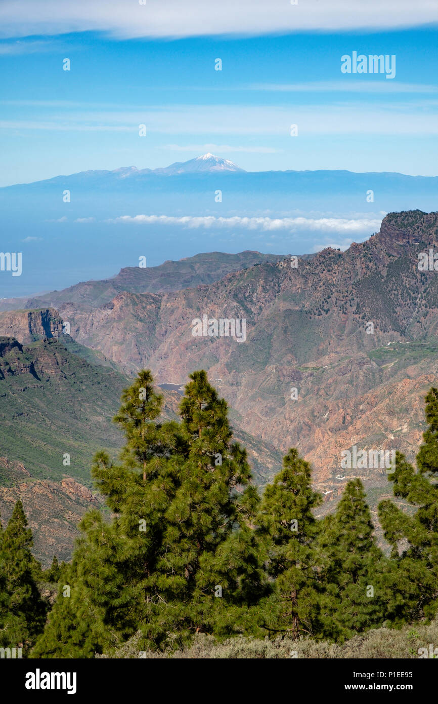 Blick auf die Berge von Gran Canaria auf den Vulkan Teide, Gran Canaria, Kanarische Inseln, Spanien Stockfoto