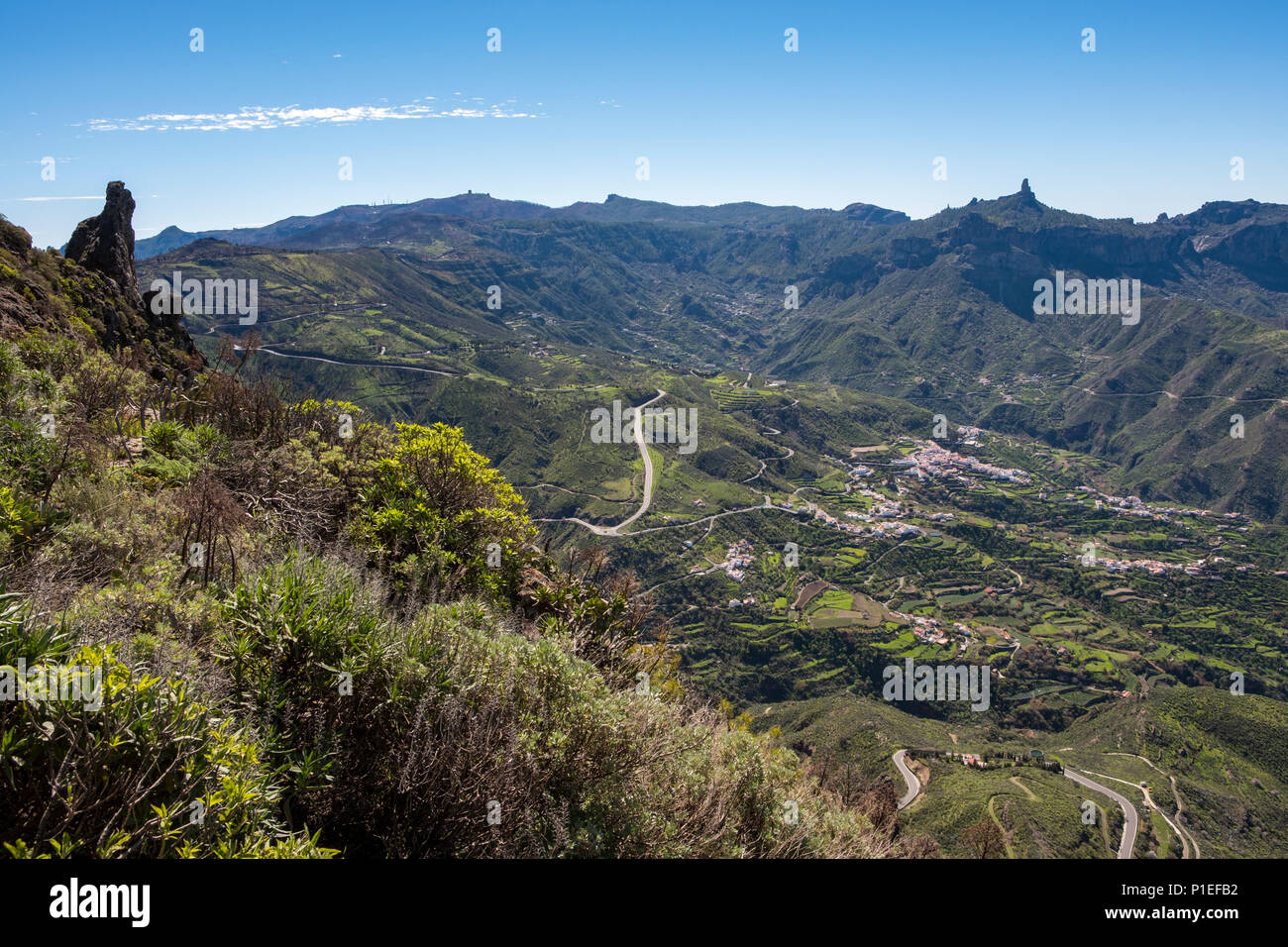 Blick Richtung Tejeda und Roque Nublo, Gran Canaria, Kanarische Inseln, Spanien Stockfoto
