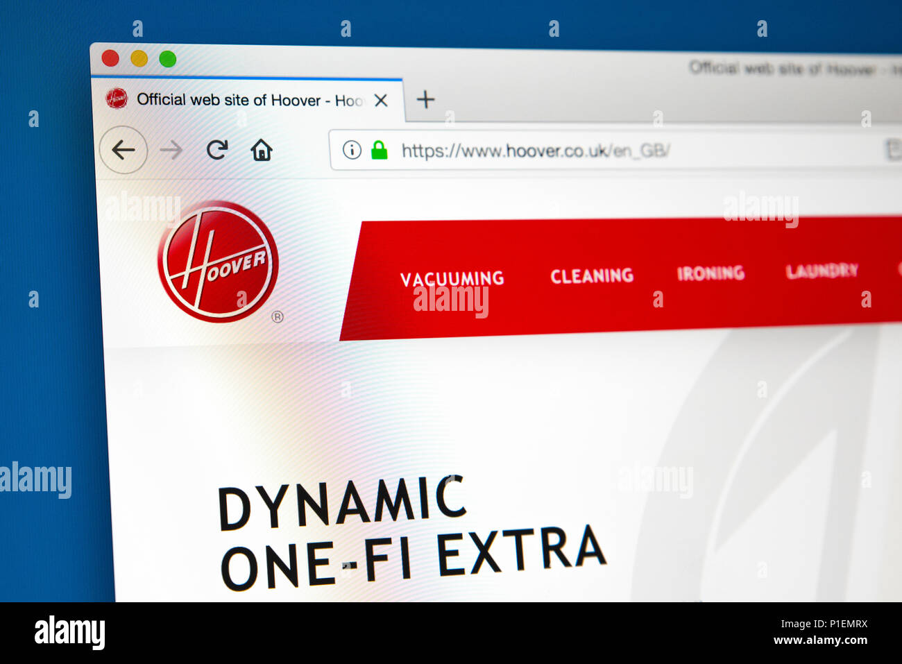 LONDON, Großbritannien - 17.Mai 2018: Die Homepage der offiziellen Website für Hoover - die innerstaatliche applicance Marke, am 17. Mai 2018. Stockfoto