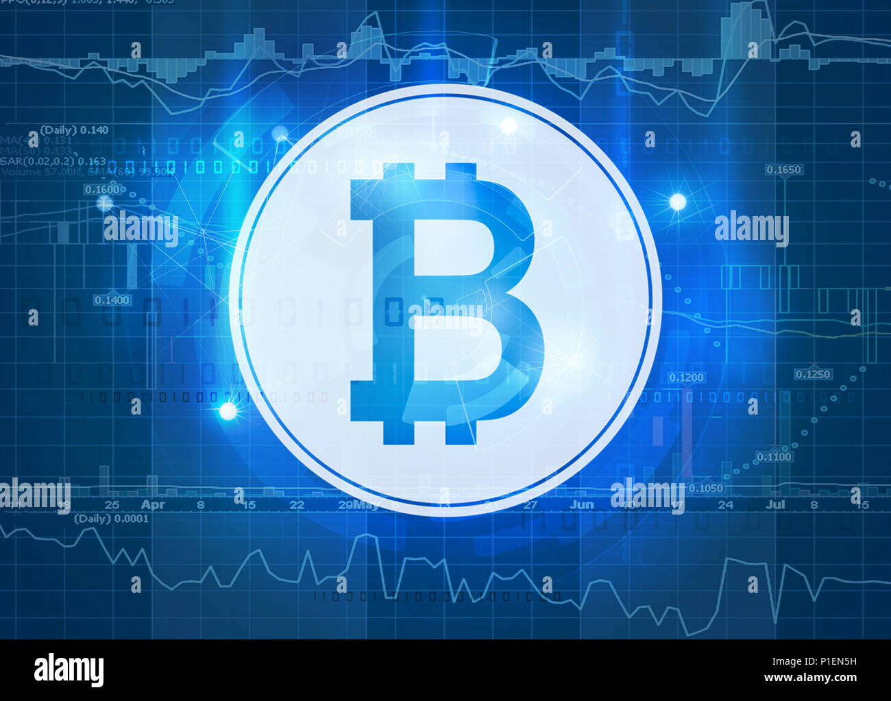Bitcoin Symbol mit Marktdaten Stockfoto