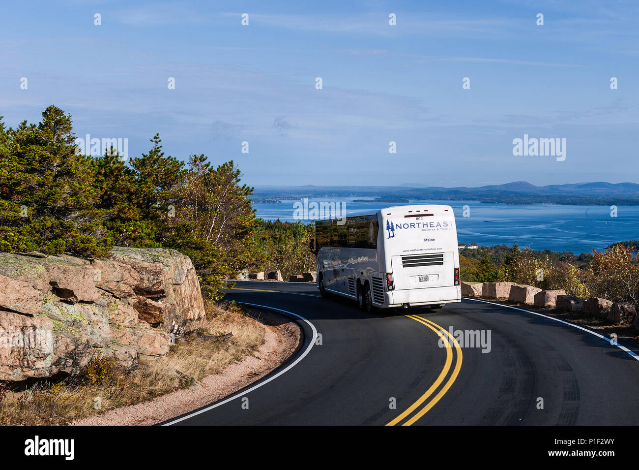 Tour bus absteigend von einer Reise auf den Gipfel des Cadillac Mountain, Acadia National Park, Maine, USA. Stockfoto
