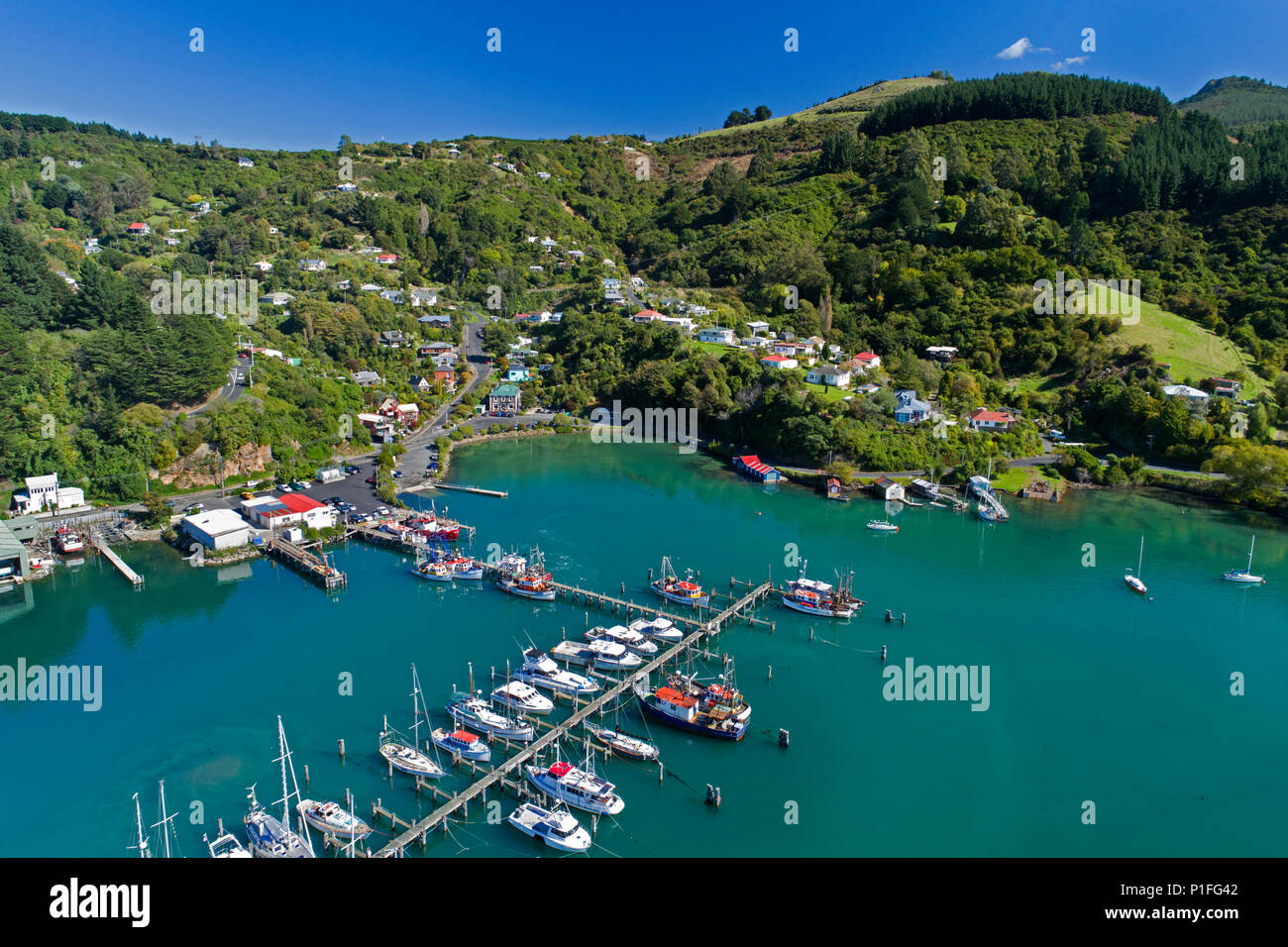 Fischerboote am Carey's Bay Wharf und Otago Hafen, Port Chalmers, Dunedin, Otago, Südinsel, Neuseeland - drone Antenne Stockfoto