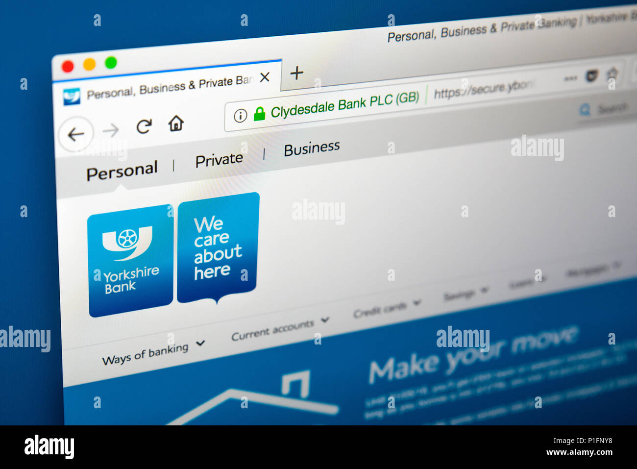 LONDON, Großbritannien - 17.Mai 2018: Die Homepage der offiziellen Website für Yorkshire Bank - eine Bank, die in England als Handelsunternehmen von Clydesdale Stockfoto