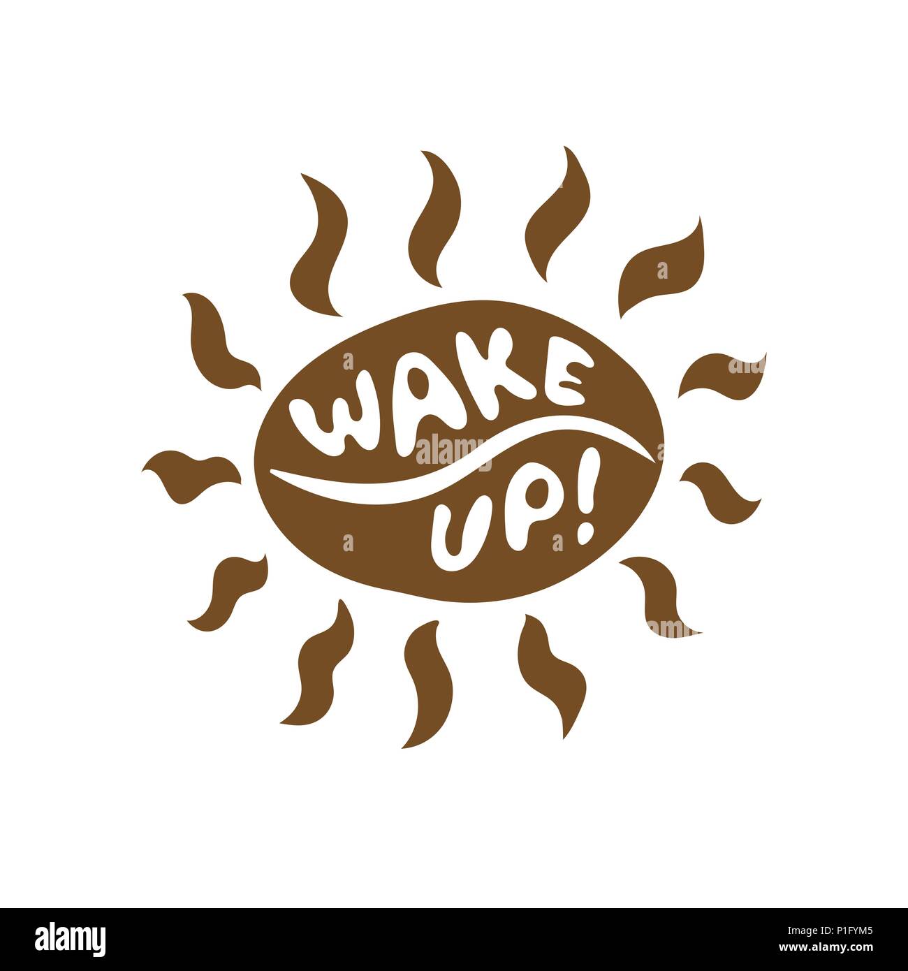 Lustige braune Kaffeebohne Sonne mit Strahlen Symbol mit Schriftzug Wake Up! Stock Vektor