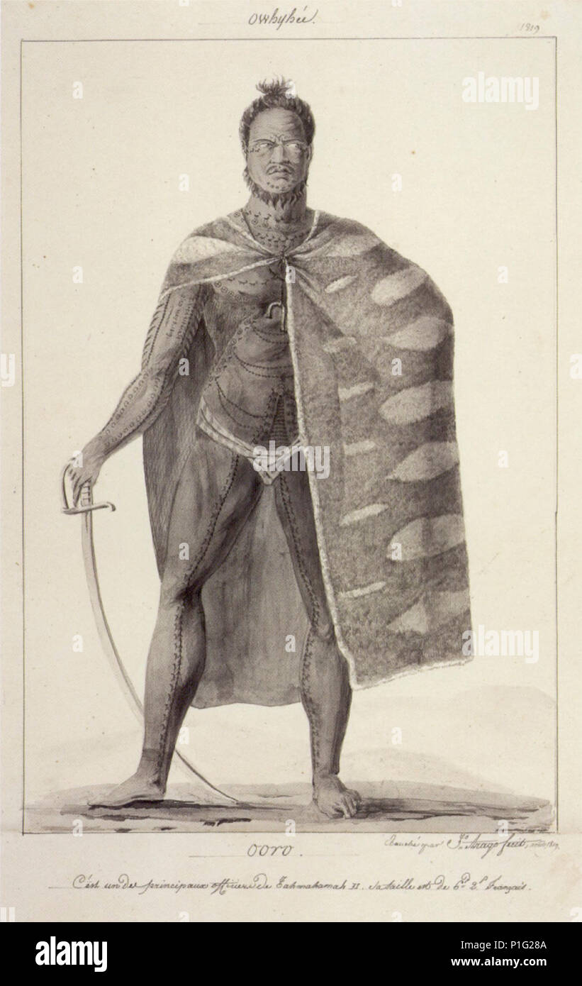 "Ooro, einem der wichtigsten Führungskräfte von Kamehameha II", Feder und Tinte waschen über Graphit von Jacques Arago, 1819, Honolulu Akademie der Künste. Stockfoto