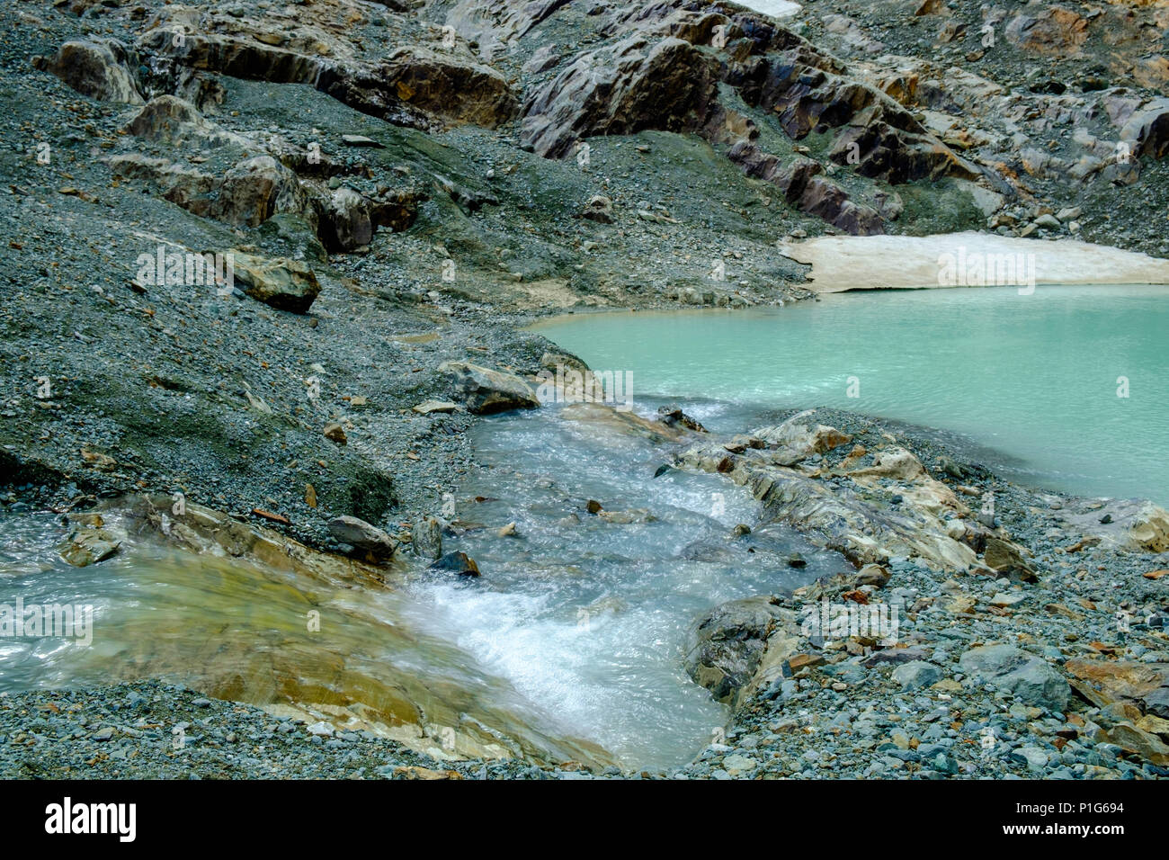 Gletscherschmelzwasser steigt in kleinen Bächen in die Felsen hinab und durchzieht kleine Lagunen. Diese wunderbare Szene liegt hinter 'Laguna de los Témpanos'. Stockfoto