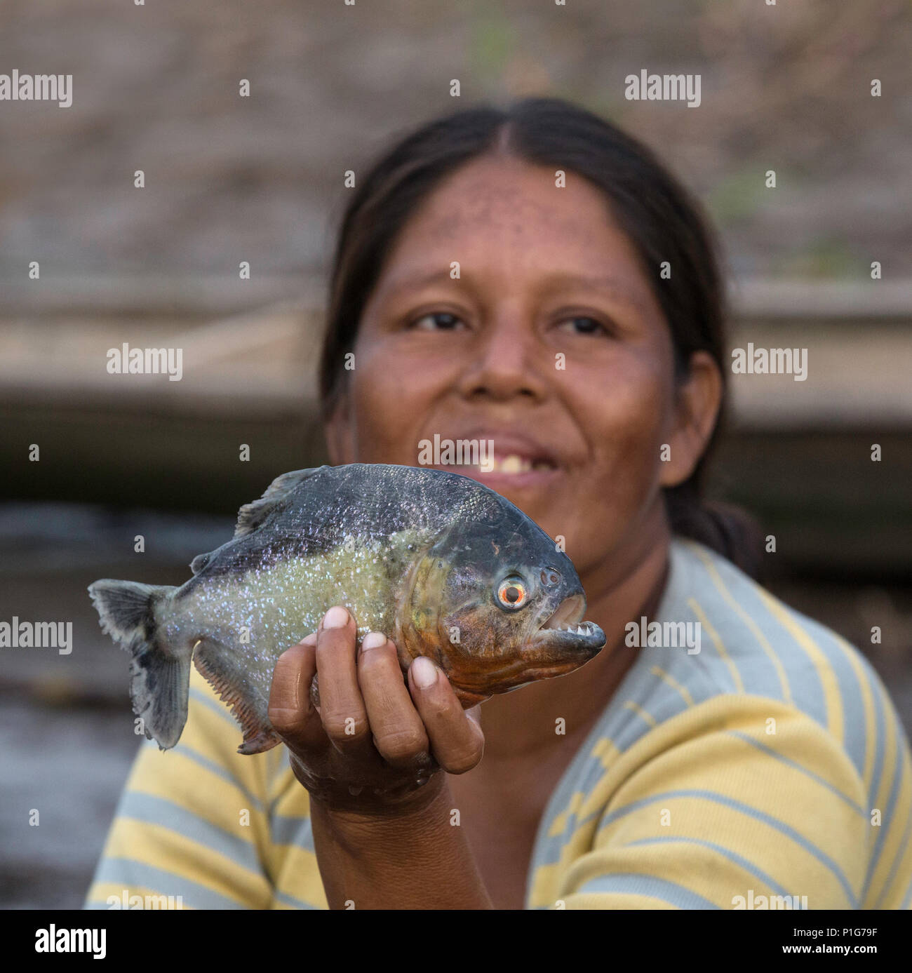 Frau, die ihre Fische fangen an Atun Pozas, Obere Amazon River Basin, Loreto, Peru anzeigen Stockfoto