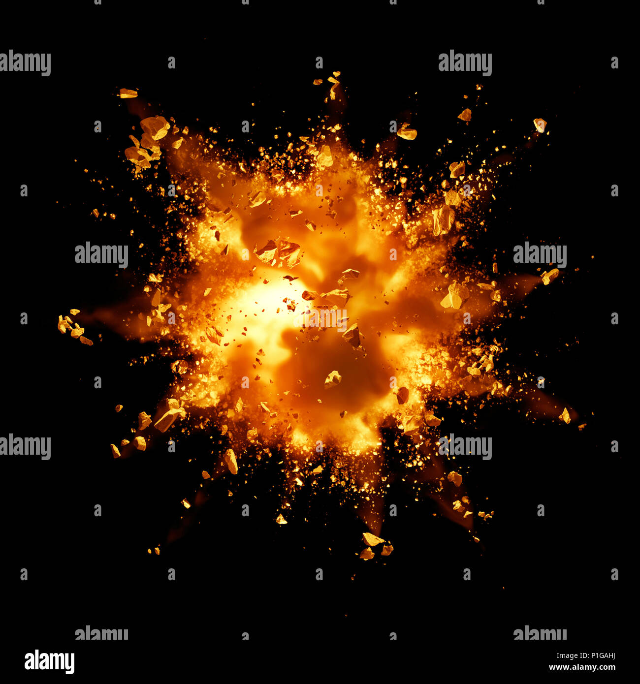 Brand Explosion mit Ablagerungen auf schwarzem Hintergrund Stockfoto