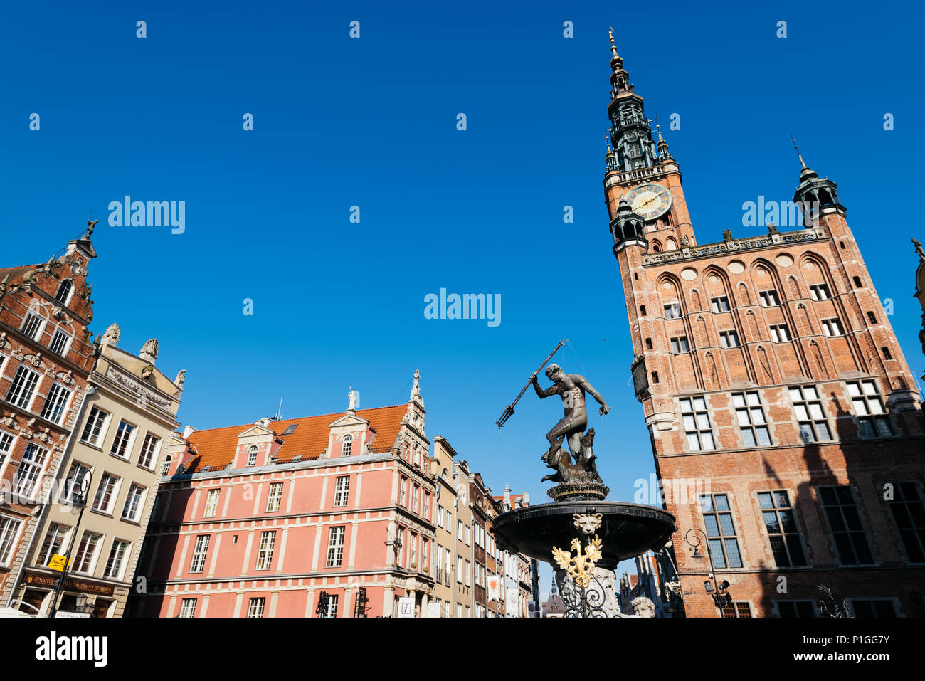 Danzig, Polen - 11. Mai 2018: Neptunbrunnen, Danzig, Polen Stockfoto