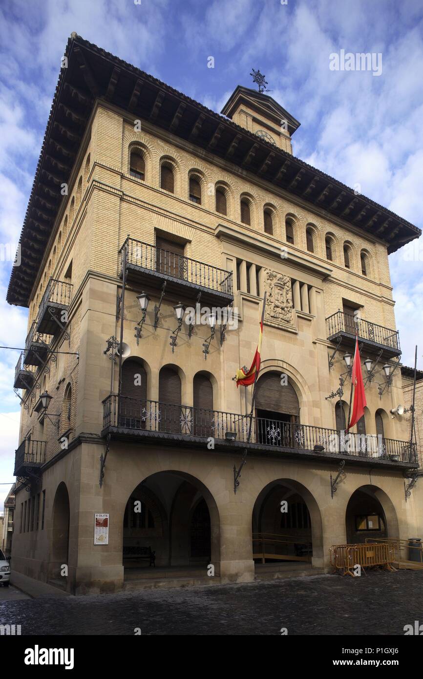 Spanien - Tafalla (Kreis) - NAVARRA. Olite; Ayuntamiento de la Plaza de Carlos III. Stockfoto