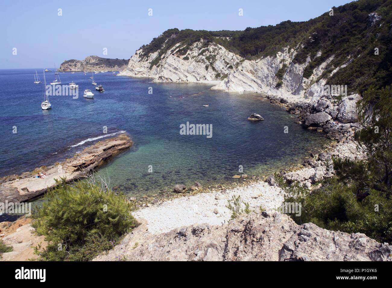 Spanien - Valencia autonome Region - Marina Alta (Bezirk) - Alicante. Xàbia/Jávea-Cabo/Cap de la Nau; Playa / Cala Sardinera y Cap Prim. Stockfoto