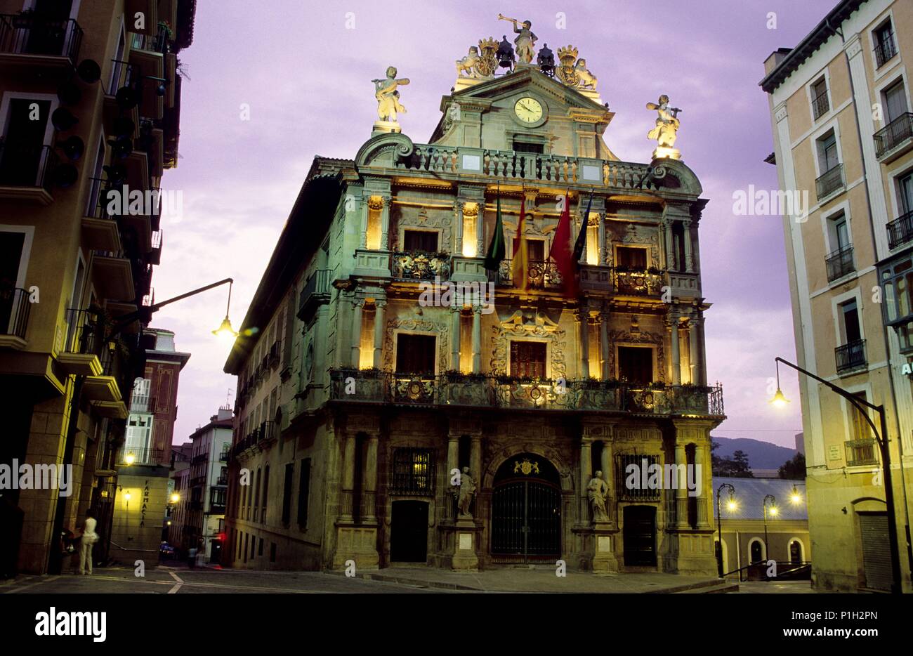 Pamplona; Casa Consistorial/Ayuntamiento; fachada Barroca (Camino de Santiago). Stockfoto