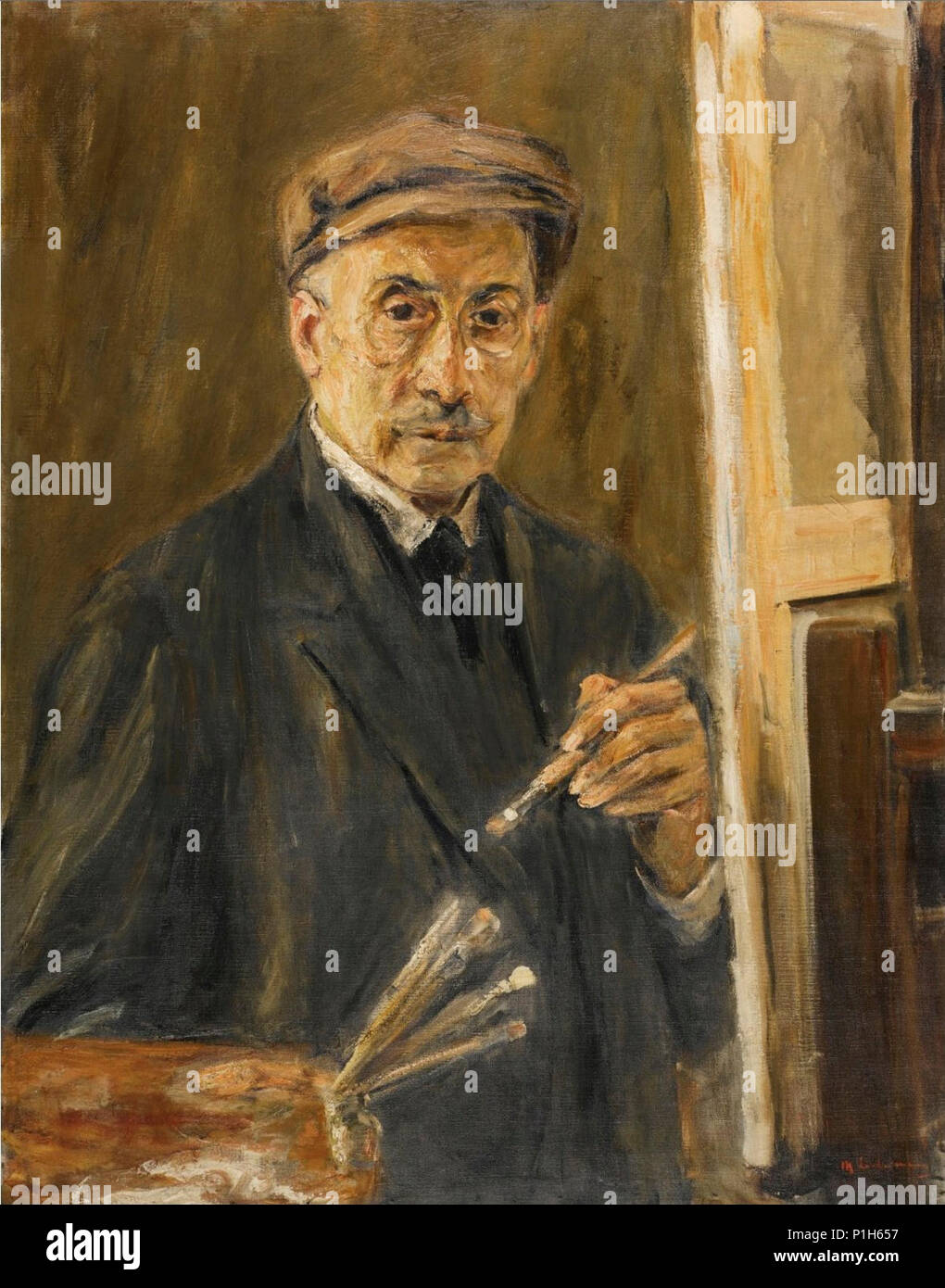 'Selbst-Porträt trägt einen Mantel mit Pinsel und Palette von Max Liebermann. Stockfoto
