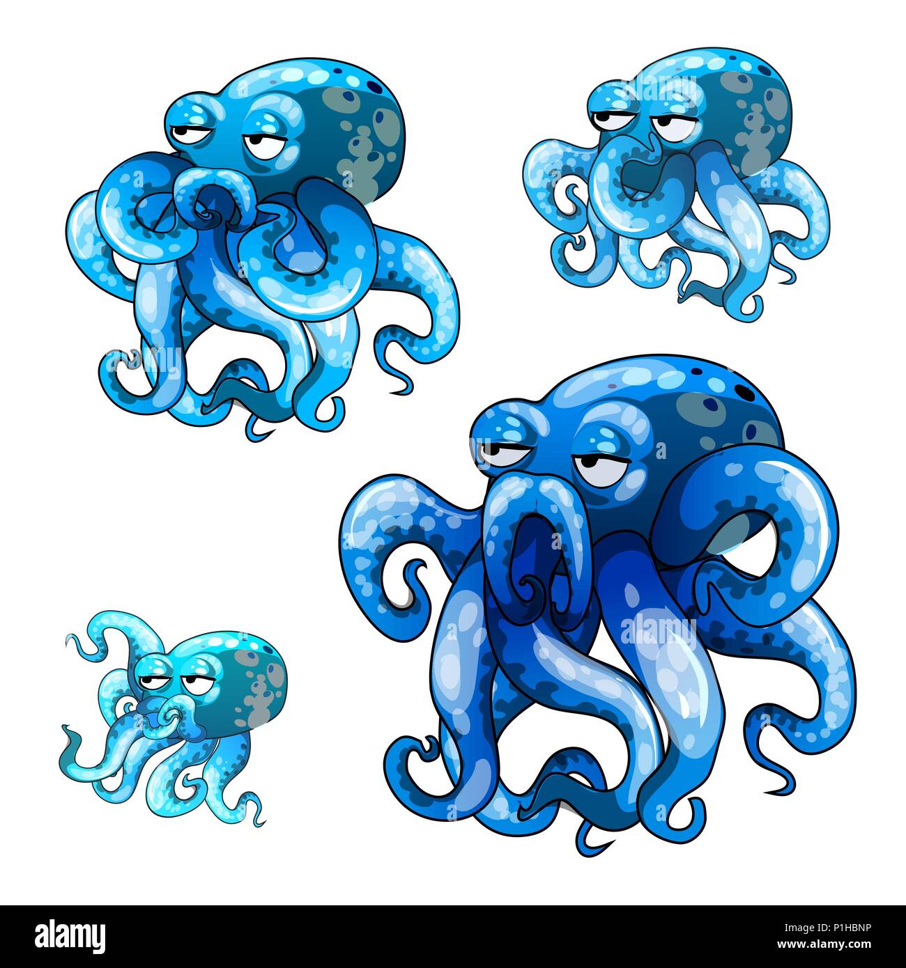 Satz von Phasen des Wachstums von animierten Octopus auf weißem Hintergrund. Vektor cartoon Close-up Abbildung. Stock Vektor
