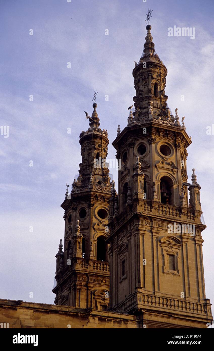 Logroño, Concatedral de Santa María de la Redonda; Torres; cigüeñas. Stockfoto