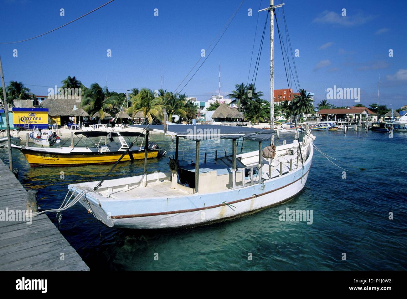 Isla Mujeres, Playa junto a Embarcadero. Stockfoto