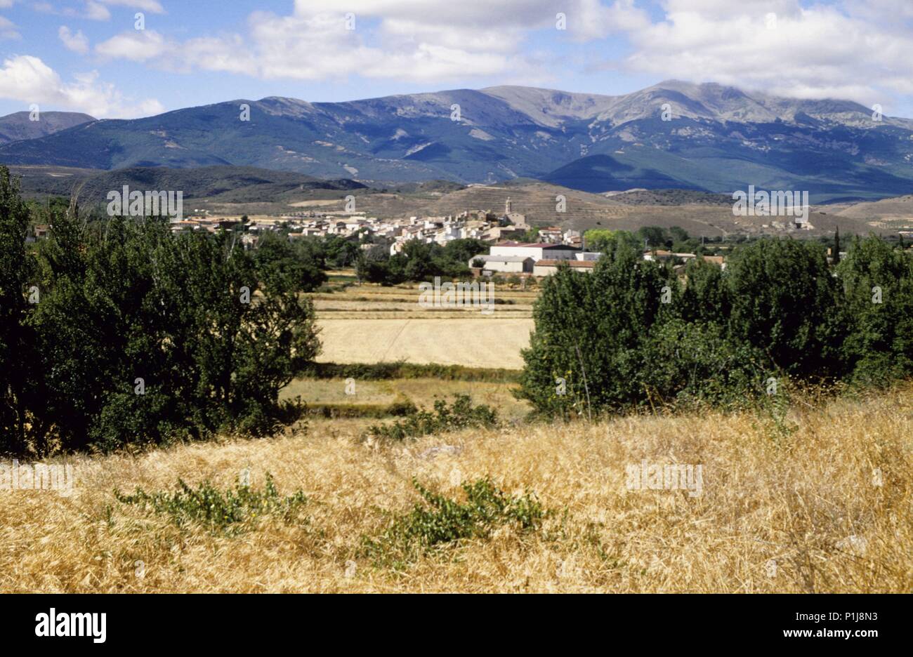 Campo de Borja: Vera de Moncayo y den Berg Macizo del Moncayo al fondo (Comarca y D.O. Campo de Borja). Stockfoto