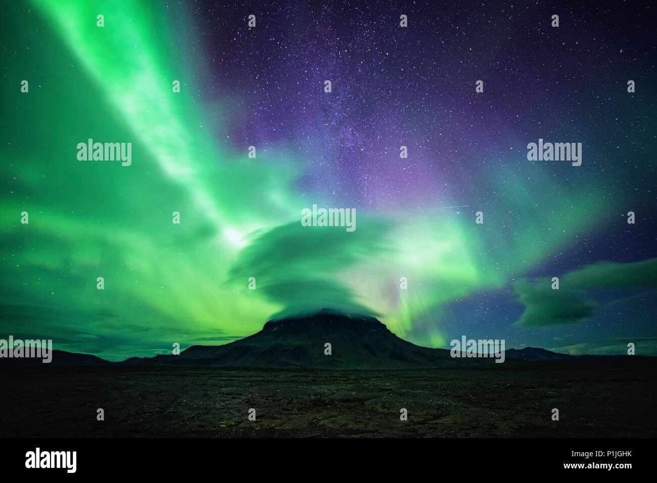 Aurora und Sterne über Ödland, Askja, Island Stockfoto
