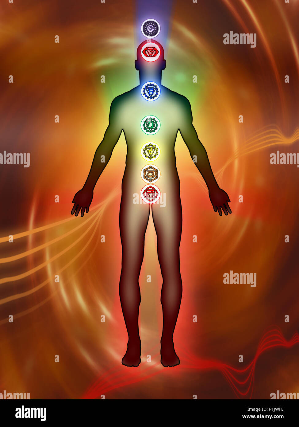 Chakra punkte Sohn des menschlichen Körpers. Digitale Illustration. Stockfoto