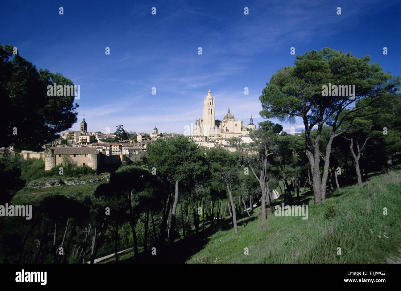 Spanien - Kastilien und Leon - Tierras de Segovia (Kreis) - SEGOVIA. vista General de la Ciudad medieval y Catedral. Stockfoto