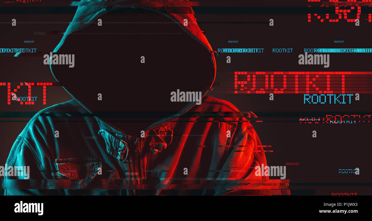 Rootkit Konzept mit gesichtslosen Hooded männliche Person, Low Key rot und blau beleuchtete Bild und digitale glitch Wirkung Stockfoto