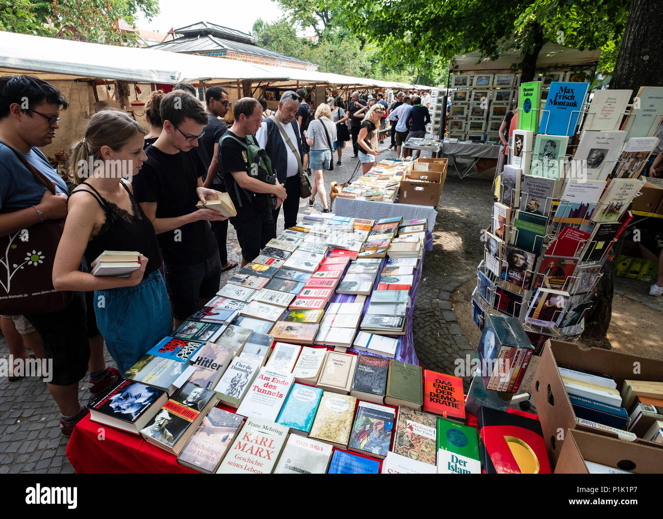 Bücherstand am Wochenende Flohmarkt im Boxhagener Platz in Friedrichshain, Berlin, Deutschland Stockfoto