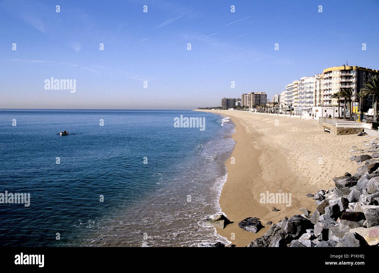 Blanes, Playa / Platja de Sabanell. Stockfoto