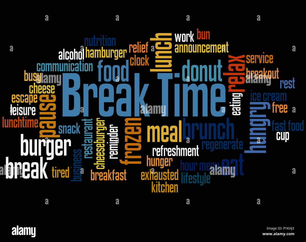 Pause Zeit, Word cloud Konzept auf schwarzem Hintergrund. Stockfoto