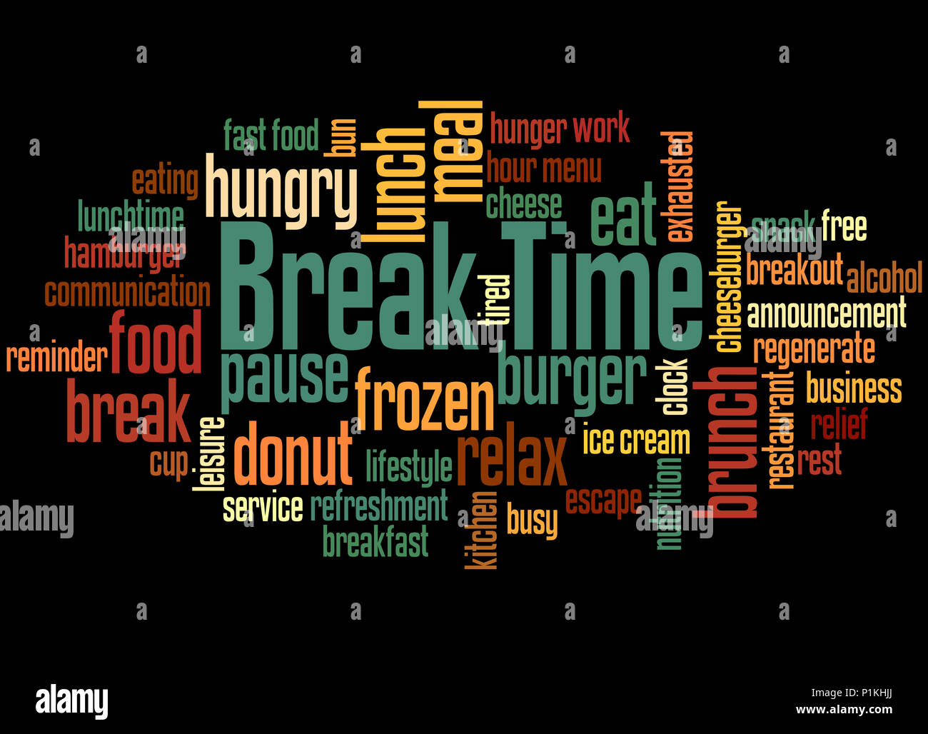 Pause Zeit, Word cloud Konzept auf schwarzem Hintergrund. Stockfoto