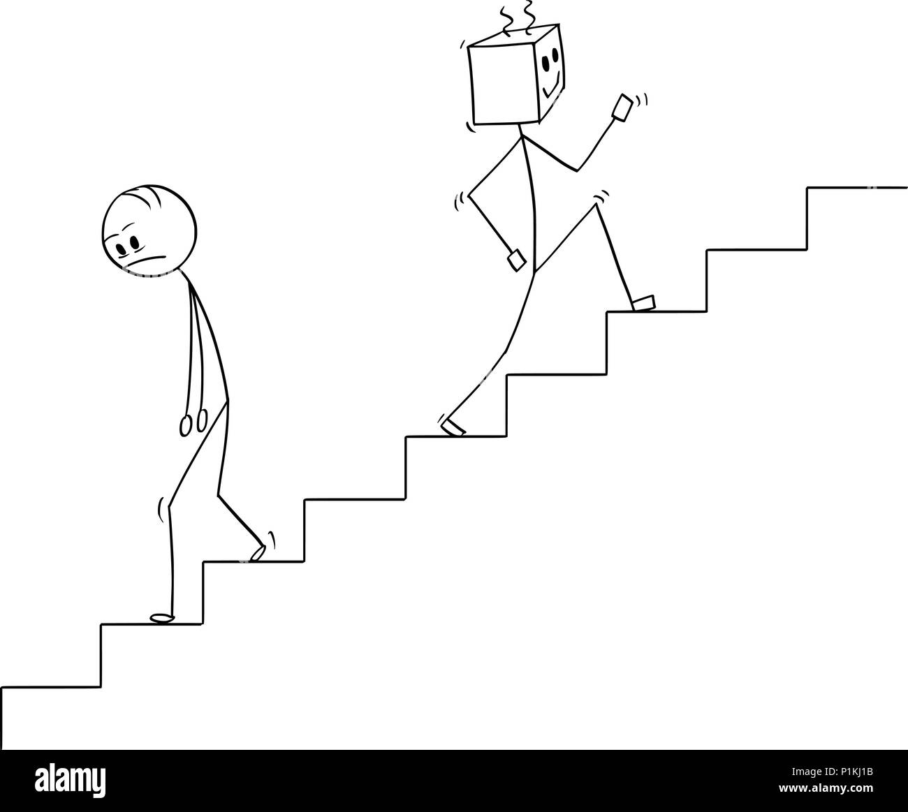Cartoon von Menschen gehen, die Treppe hinunter und Roboter bewegen bis Stock Vektor