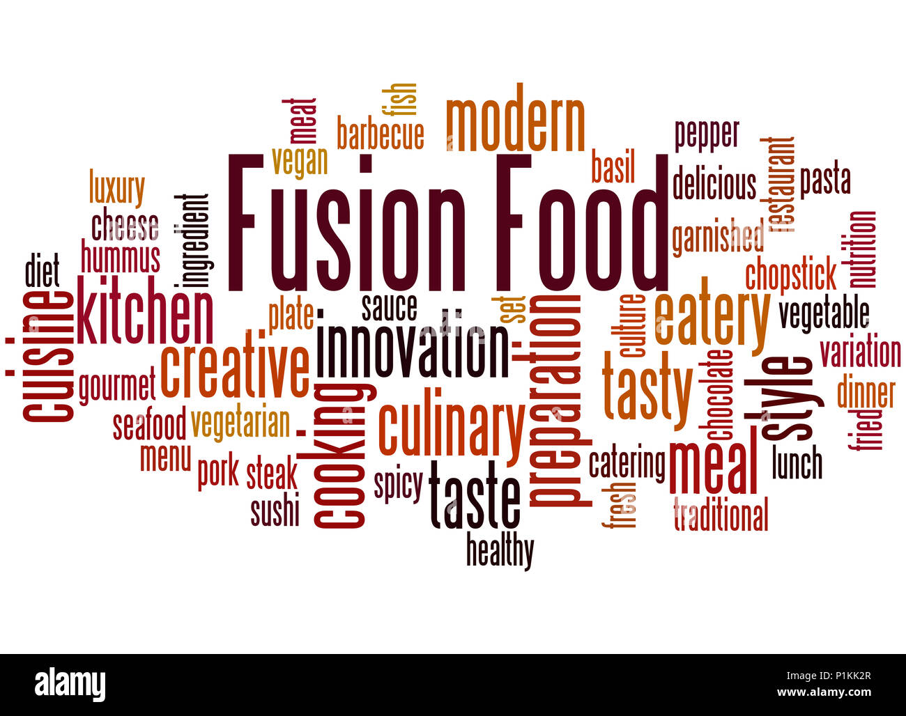 Fusion Food, Word cloud Konzept auf weißem Hintergrund. Stockfoto