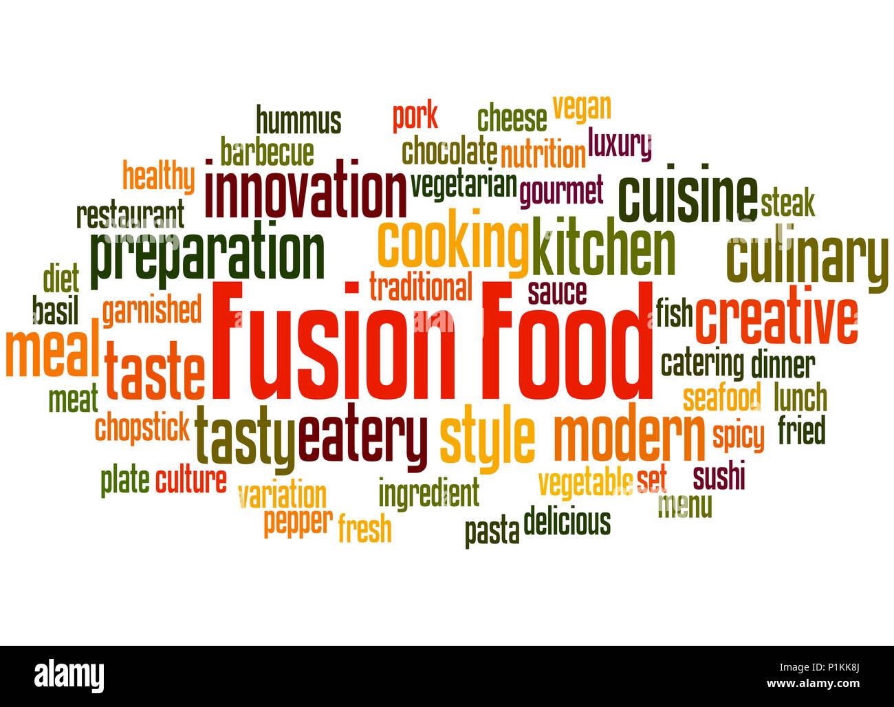 Fusion Food, Word cloud Konzept auf weißem Hintergrund. Stockfoto