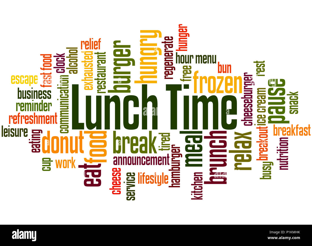 Mittagessen, Word cloud Konzept auf weißem Hintergrund. Stockfoto