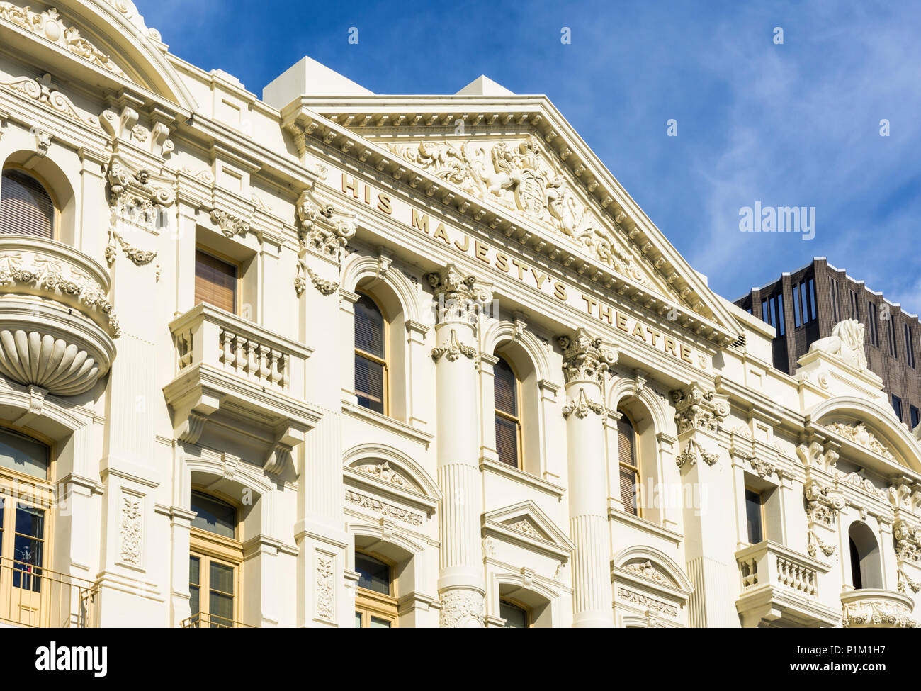 Detail der Fassade des Edwardian Baroque His Majesty's Theatre, Perth, Western Australia, Australien Stockfoto
