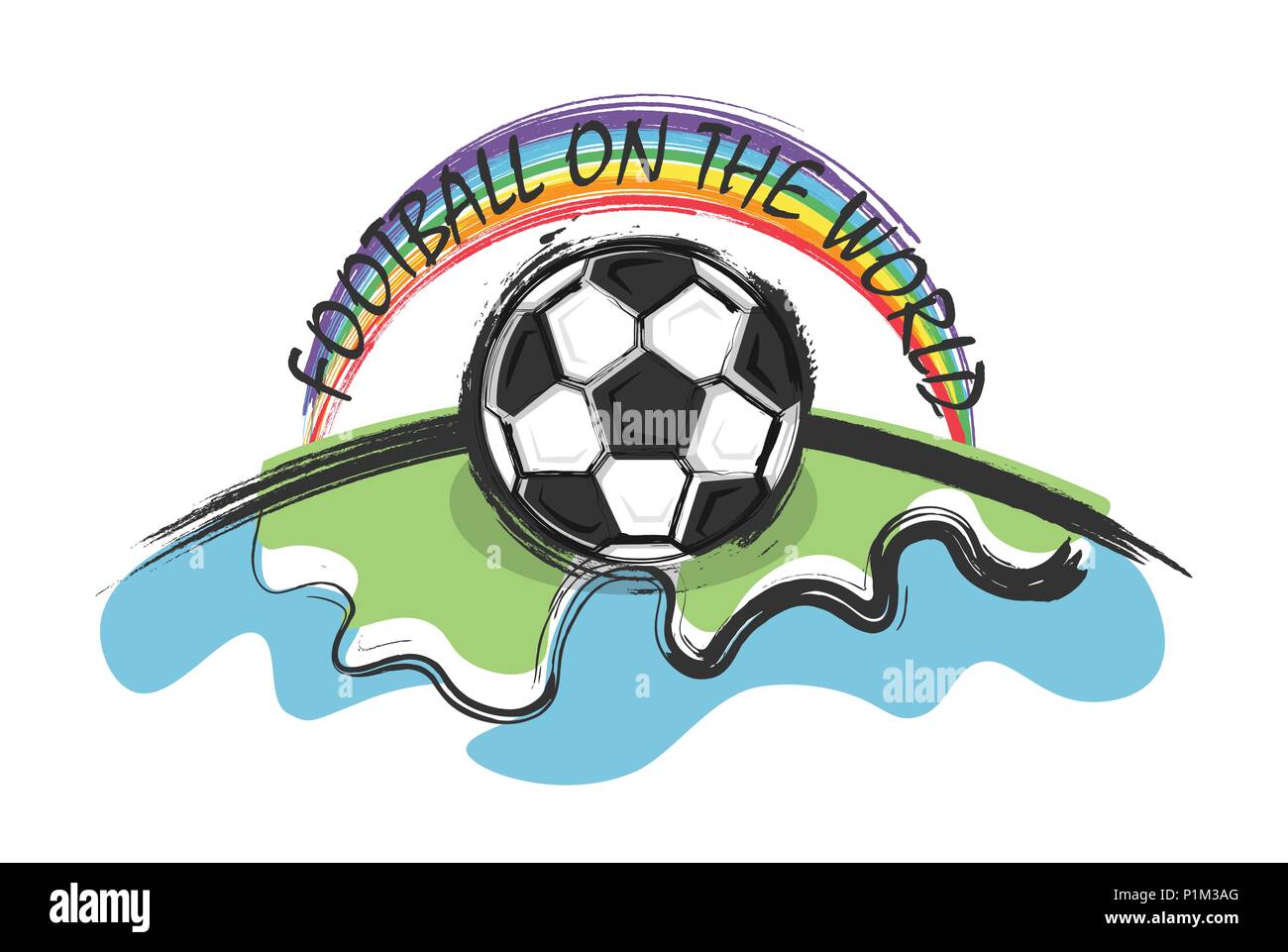 Fußball auf der ganzen Welt und Regenbogen auf whitw Hintergrund. Doodle und Kid Zeichenstil. Flache Bauform. Vektor für internationale Wm-tourn Stock Vektor