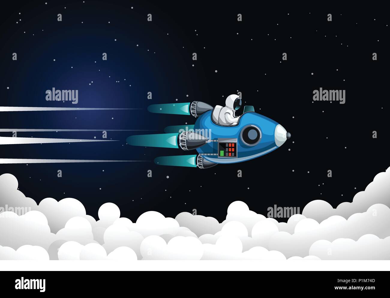 Abbildung der Lustige Astronaut in wandelbare Raumschiff vor fliegenden Wolken Stock Vektor