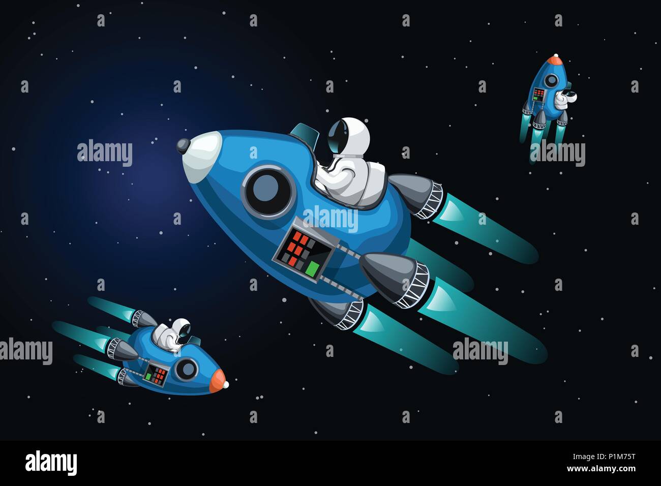 Abbildung: cartoon Astronauten fliegen im Raum mit anderen Raumschiffen. Stock Vektor