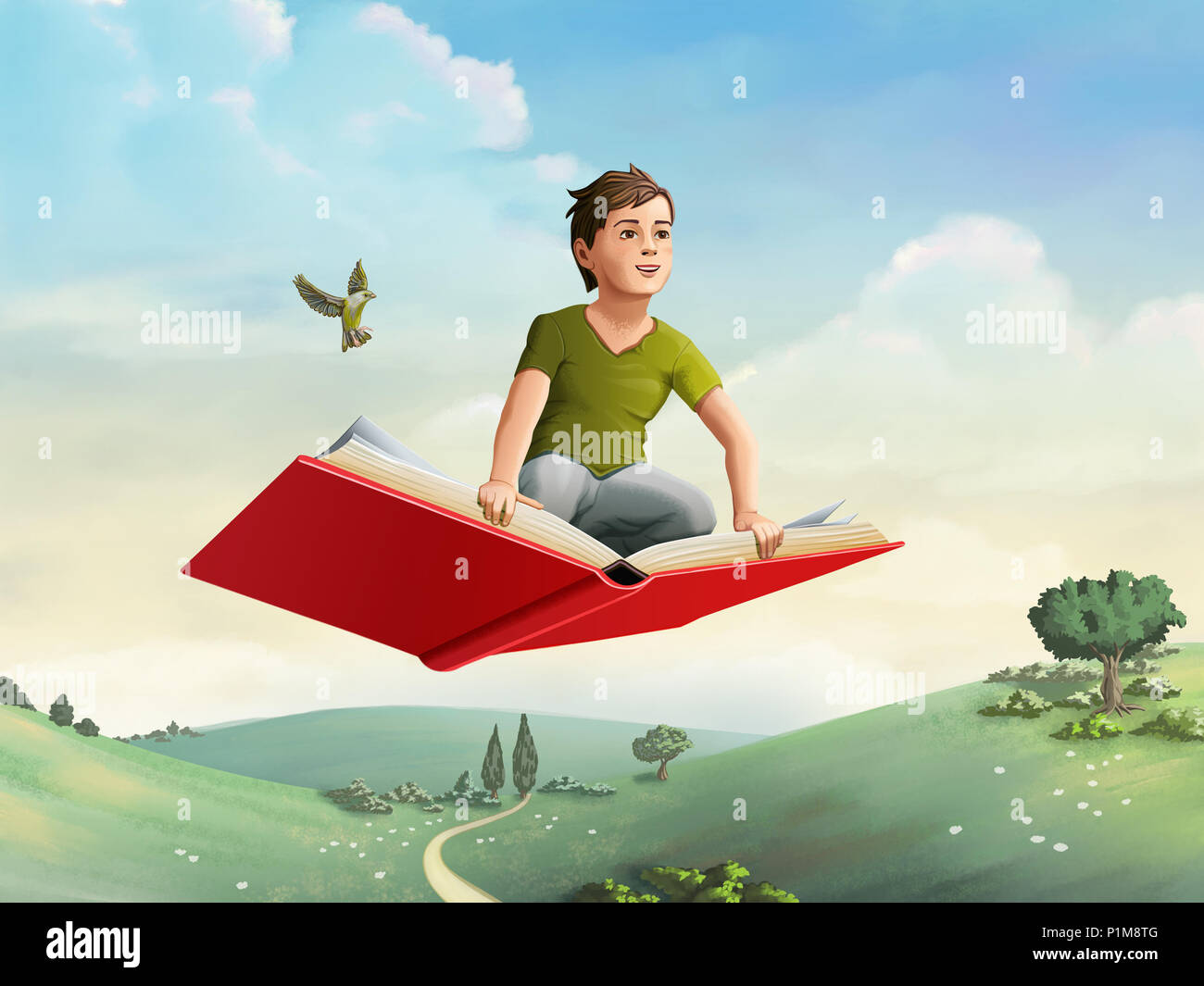 Kinder fliegen auf ein offenes Buch durch eine ländliche Umgebung. Digitale Illustration. Stockfoto