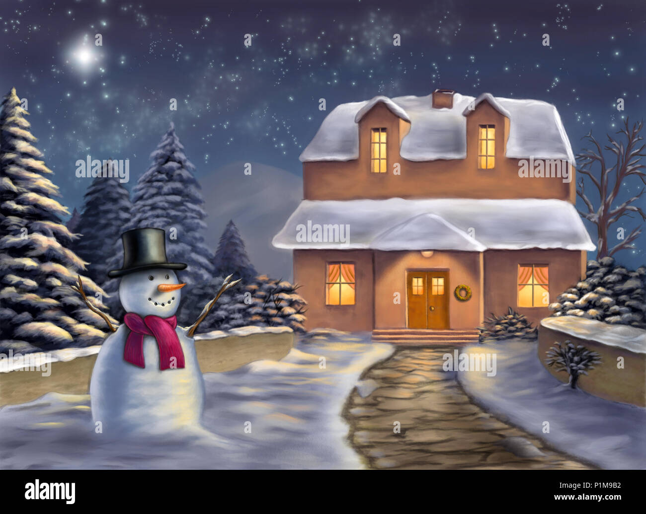 Weihnachten Landschaft bei Nacht. Original digitale Illustration. Stockfoto