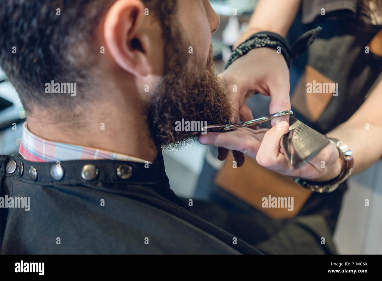 Close-up Seitenansicht der Kopf eines jungen Mannes und die Hände eines erfahrenen Hairstylist, Trimmen und seinen Bart mit Kamm und Schere in einem kühlen Friseursalon Stockfoto