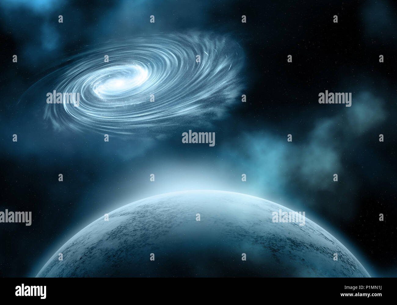 Nacht Himmelshintergrund mit fiktiven Planeten, Sterne und Nebel Stockfoto