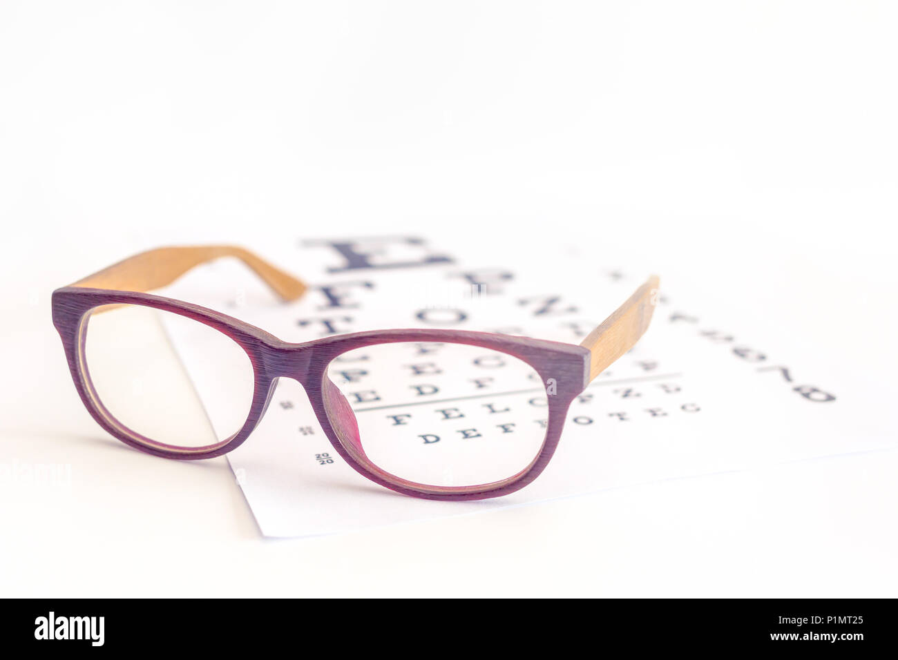 Nahaufnahme einer Brille auf Auge Hintergrund, Myopie oder Hyperopie Stockfoto