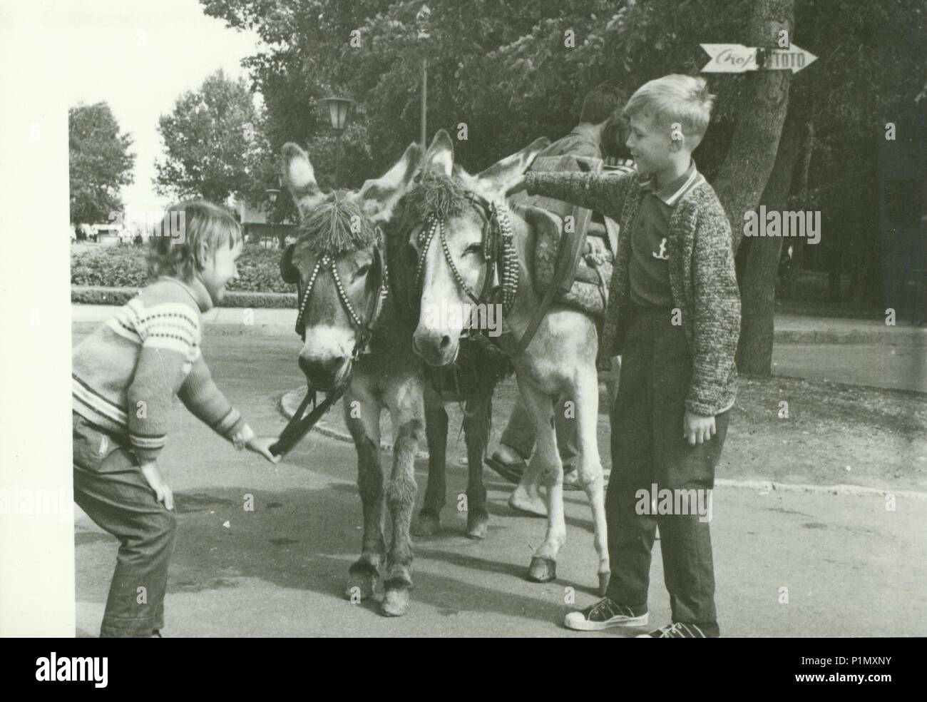 Udssr - circa 1970 s: Retro Foto zeigt Kinder mit Eseln in den Park. Vintage Schwarz/Weiß-Fotografie. Stockfoto