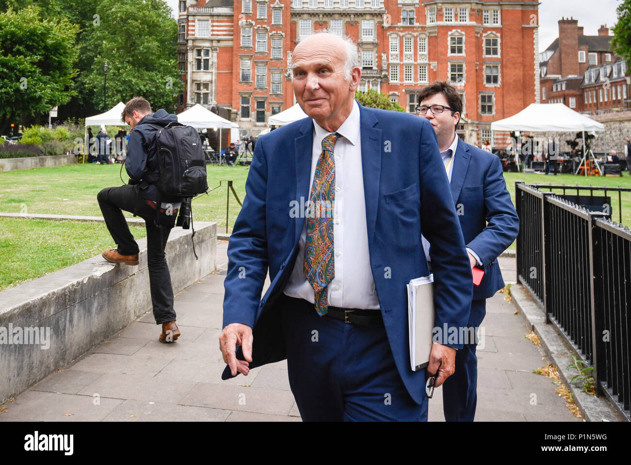 London, Großbritannien. 12. Juni 2018. Vince Cable, der Führer der Liberalen Partei, vorbei als anti-Brexit Demonstranten vor den Häusern des Parlaments als MPs demonstrieren zwei Tage der Debatte und der Abstimmung über die Änderungsanträge zum EU-Austritt Bill beginnen. Credit: Stephen Chung/Alamy leben Nachrichten Stockfoto