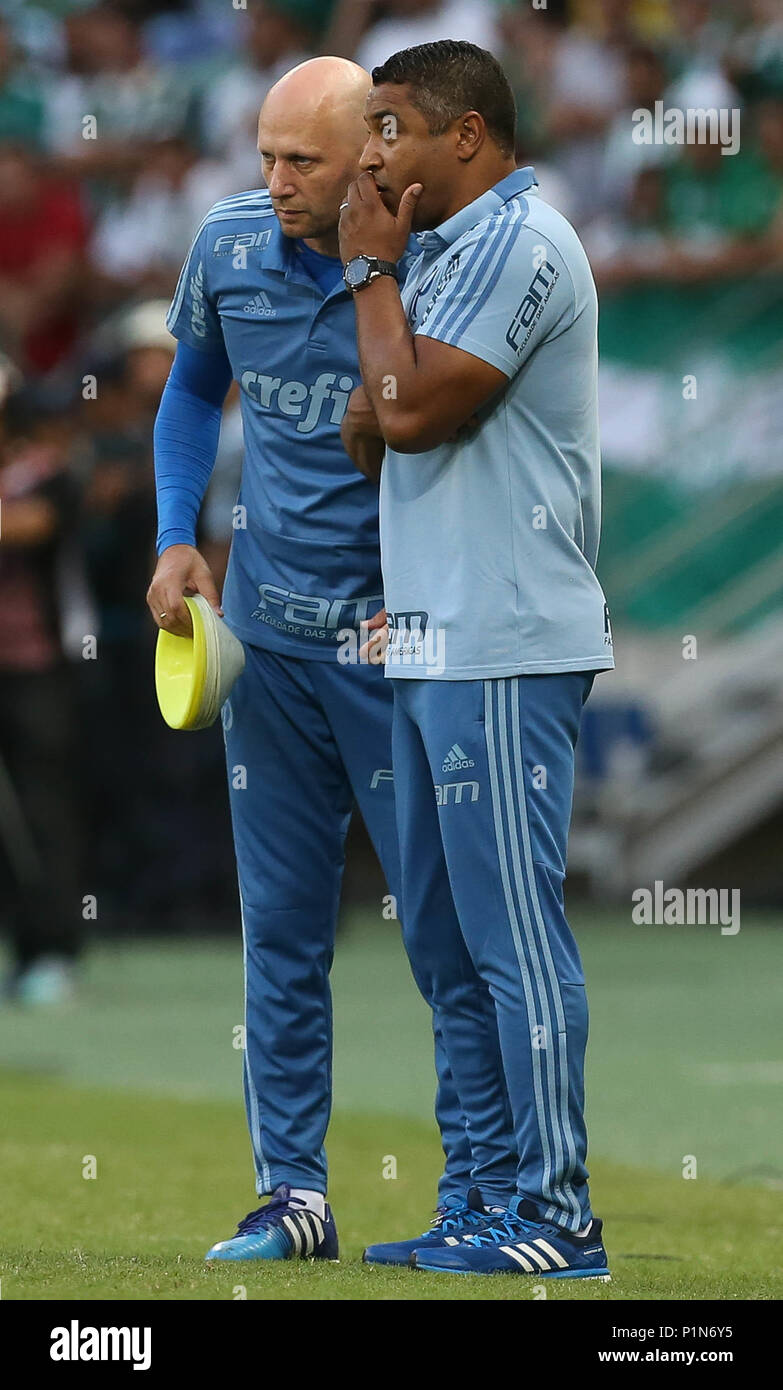 Fortaleza, Brasilien. 10 Juni, 2018. Trainer Roger Machado und physischen Trainer Omar Feitosa (E) von SE Palmeiras, gegen die Mannschaft von Ceará SC, während ein Gleiches gilt für die elfte Runde der brasilianischen Meisterschaft, Serie A, an der Castelão Stadion. Credit: Cesar Greco/FotoArena/Alamy leben Nachrichten Stockfoto