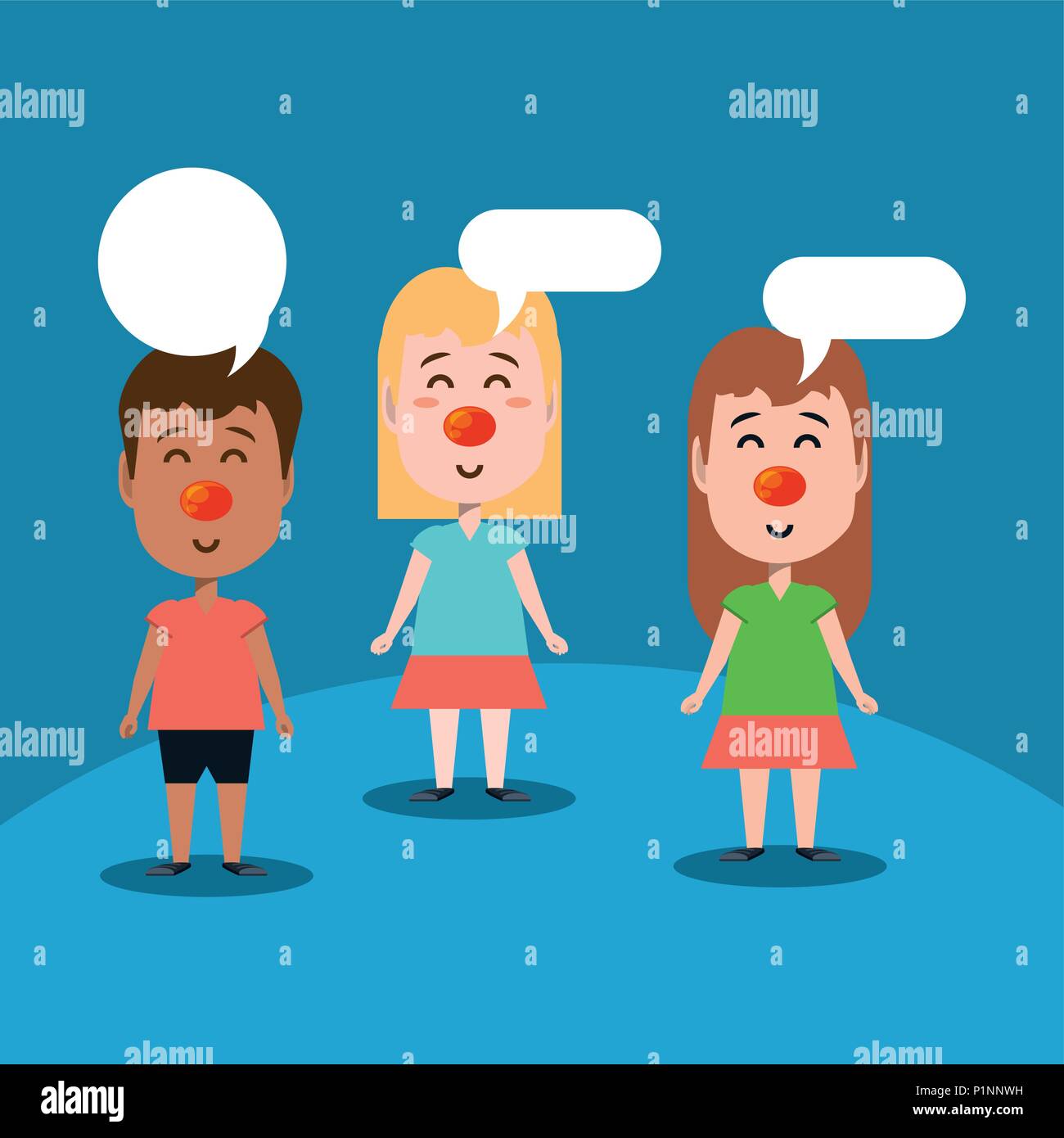 Cartoon Kinder mit roten Nasen und Sprechblase über blauen Hintergrund, Vektor, Abbildung Stock Vektor