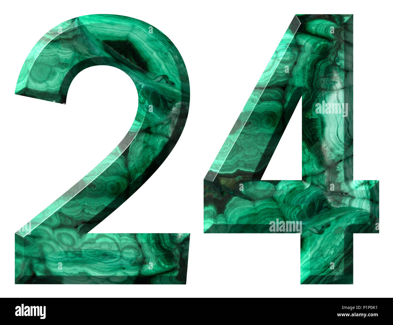 Arabische Zahlen 24, 24, aus natürlichen grünen Malachit, auf weißem Hintergrund Stockfoto